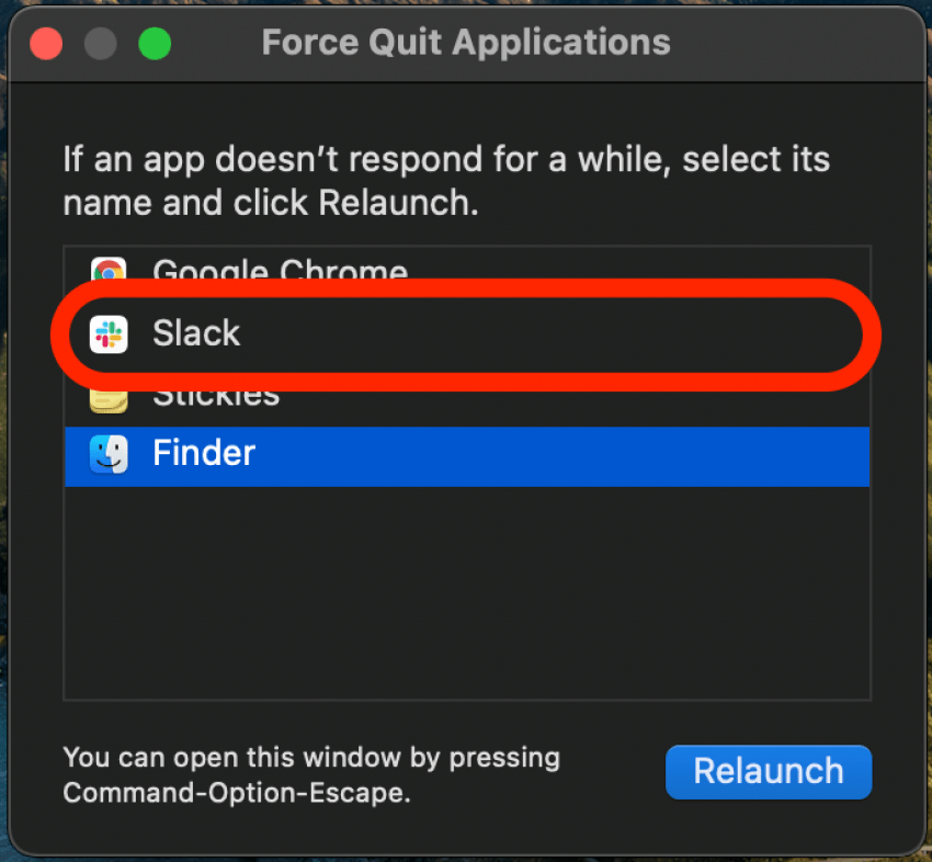 Select the application to force quit