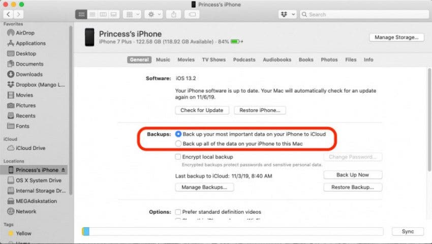 MacOS Finder window showing a connecteed iPhone, with Backups options marked