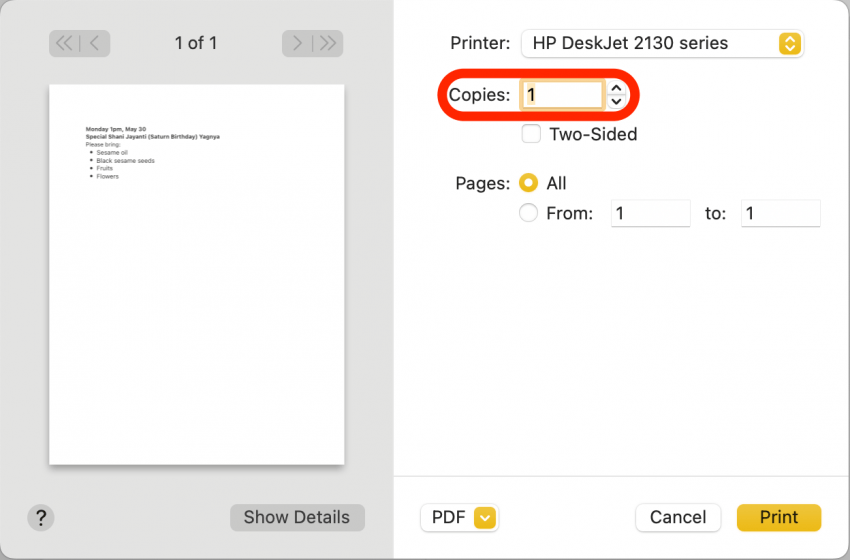Select how many copies you want to print.