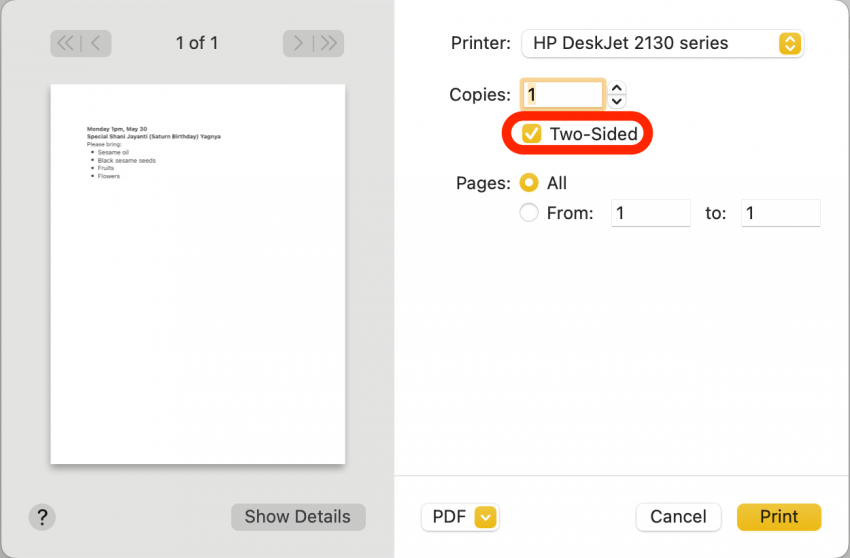 Check the Two-Sided checkbox if you want to print on both sides of the paper, or leave it unchecked if you want to print on only the front of each paper.
