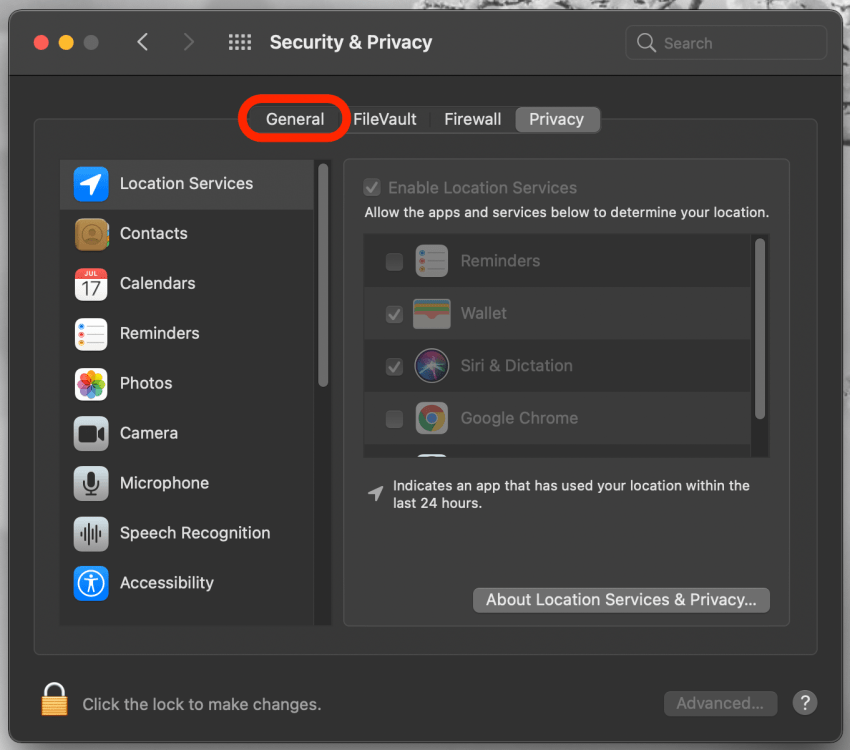 Click on the General tab if you're not already there