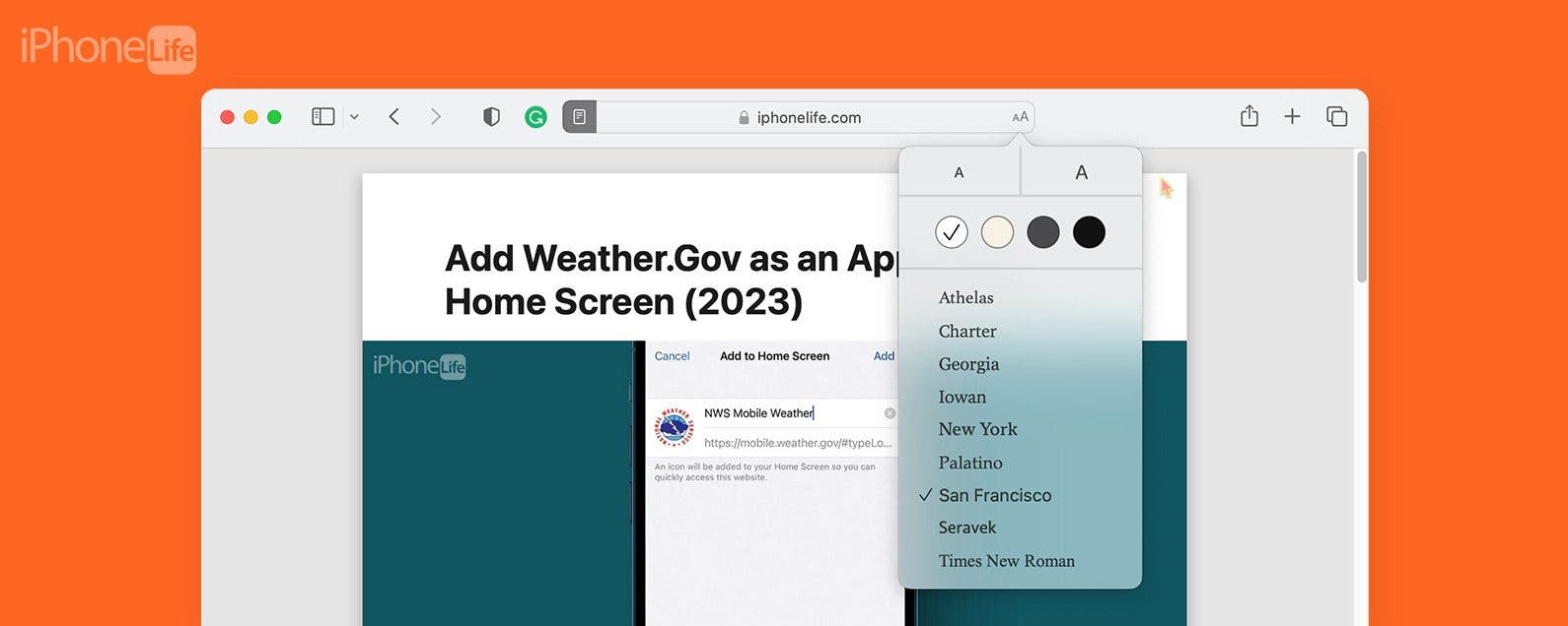 title= safari reader view font size