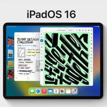 iPad displaying Stage Manager features with a header reading iPadOS 16.