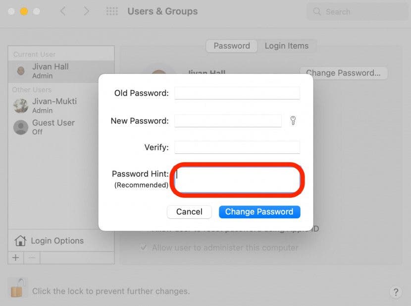 Change Mac Password Step 10- Hint