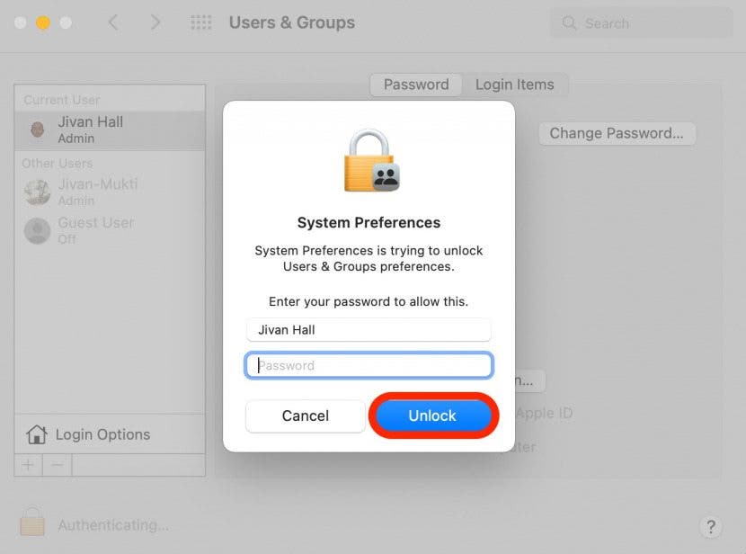 Change Mac Password Step 5 - Enter password and unlock