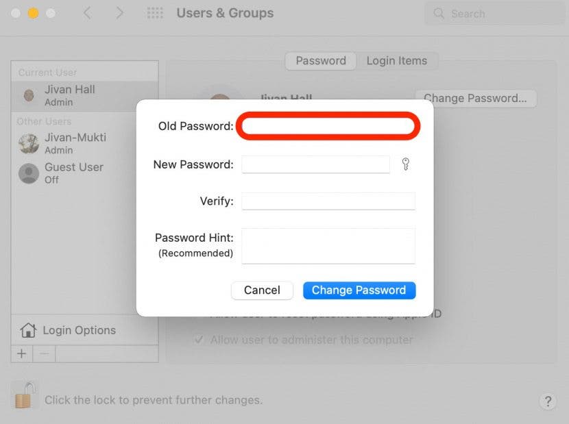 Change Mac Password Step 8- Enter old Password