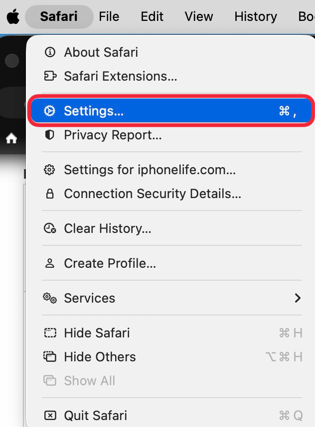 click settings in safari menu click settings in safari menu