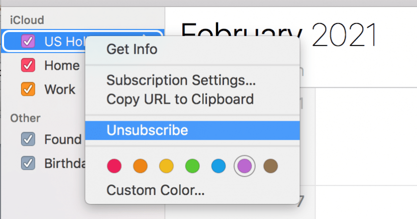 Tap "Unsubscribe" to remove calendar from Mac