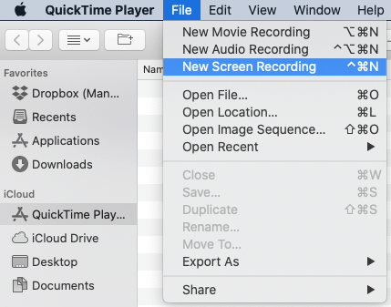 start a new quicktime screen recording on mac
