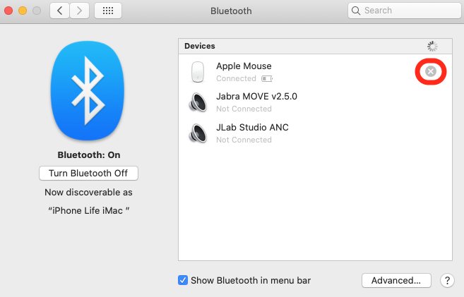 click the x to disconnect bluetooth mouse