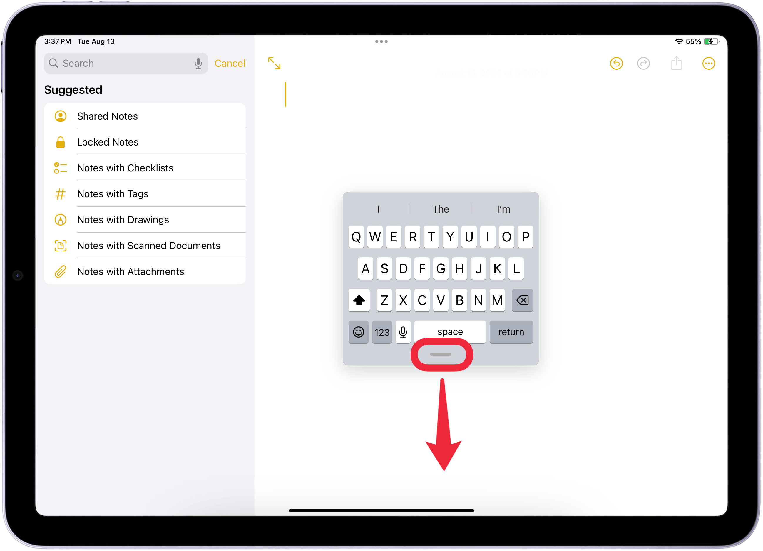 drag floating keyboard to bottom of screen to turn off floating keyboard ipad