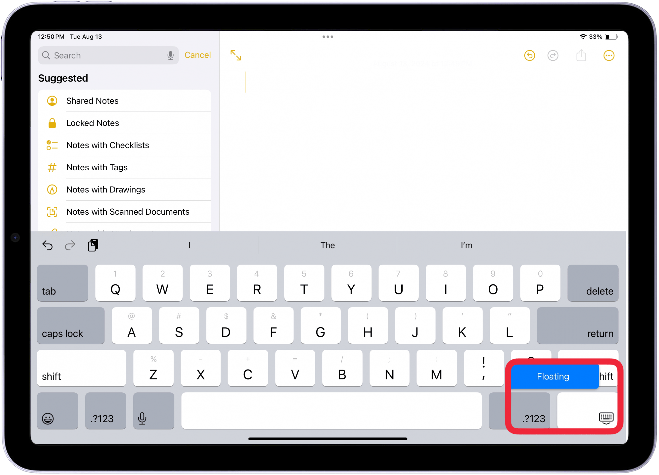 tap floating in the menu to turn on the ipad floating keyboard