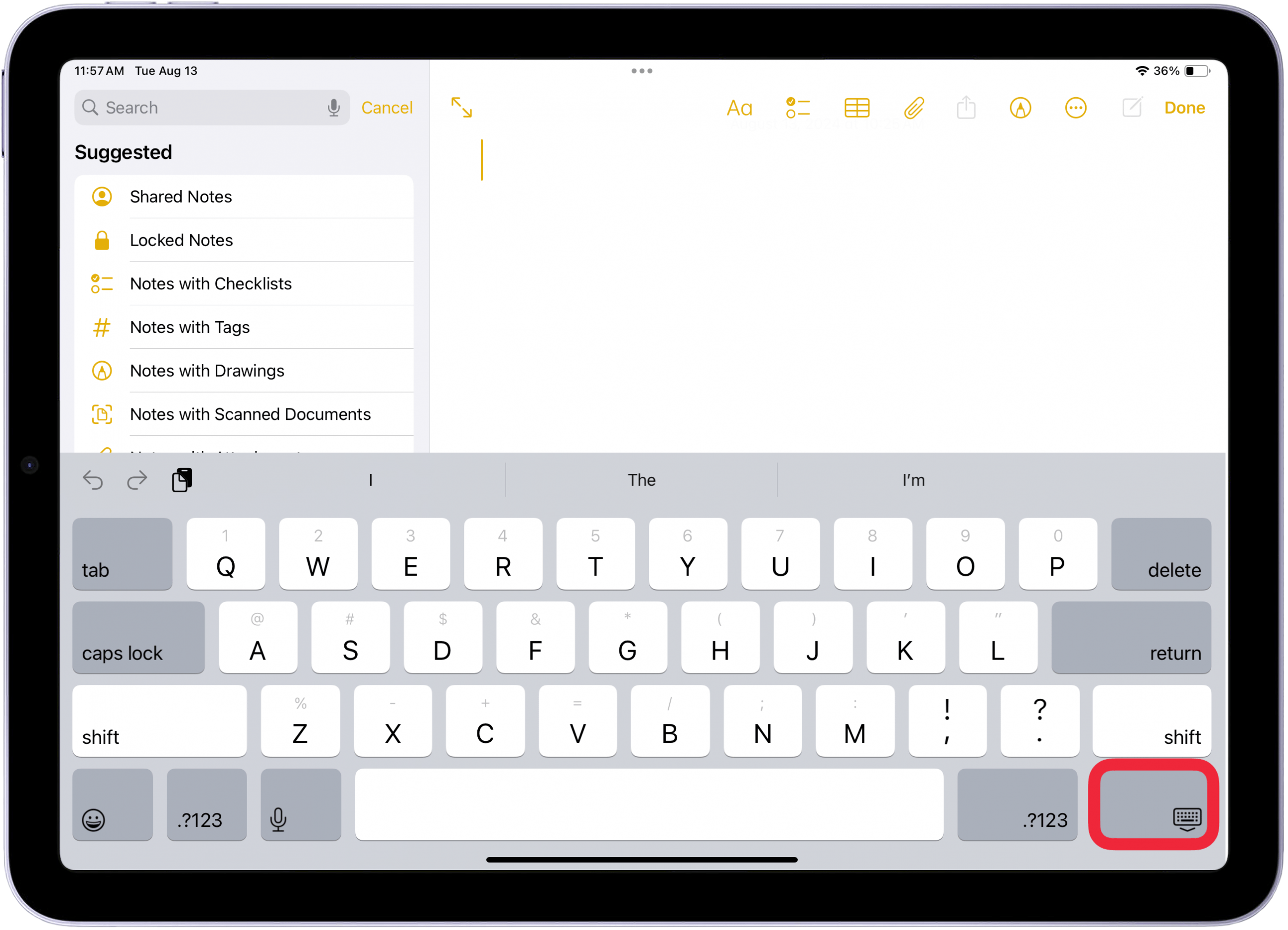 tap the floating keyboard icon on ipad