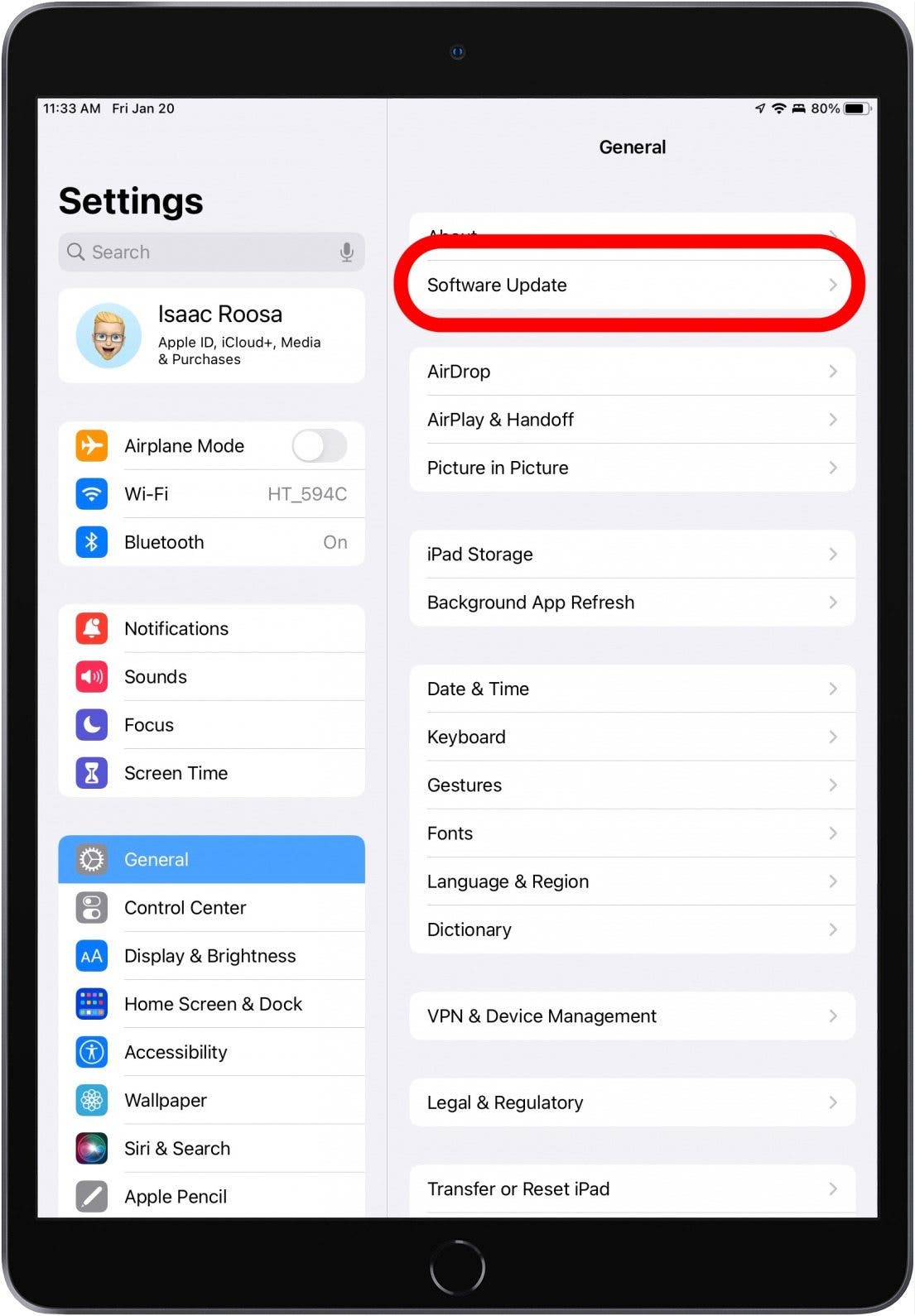 selecting General in Settings and tapping Software Update.