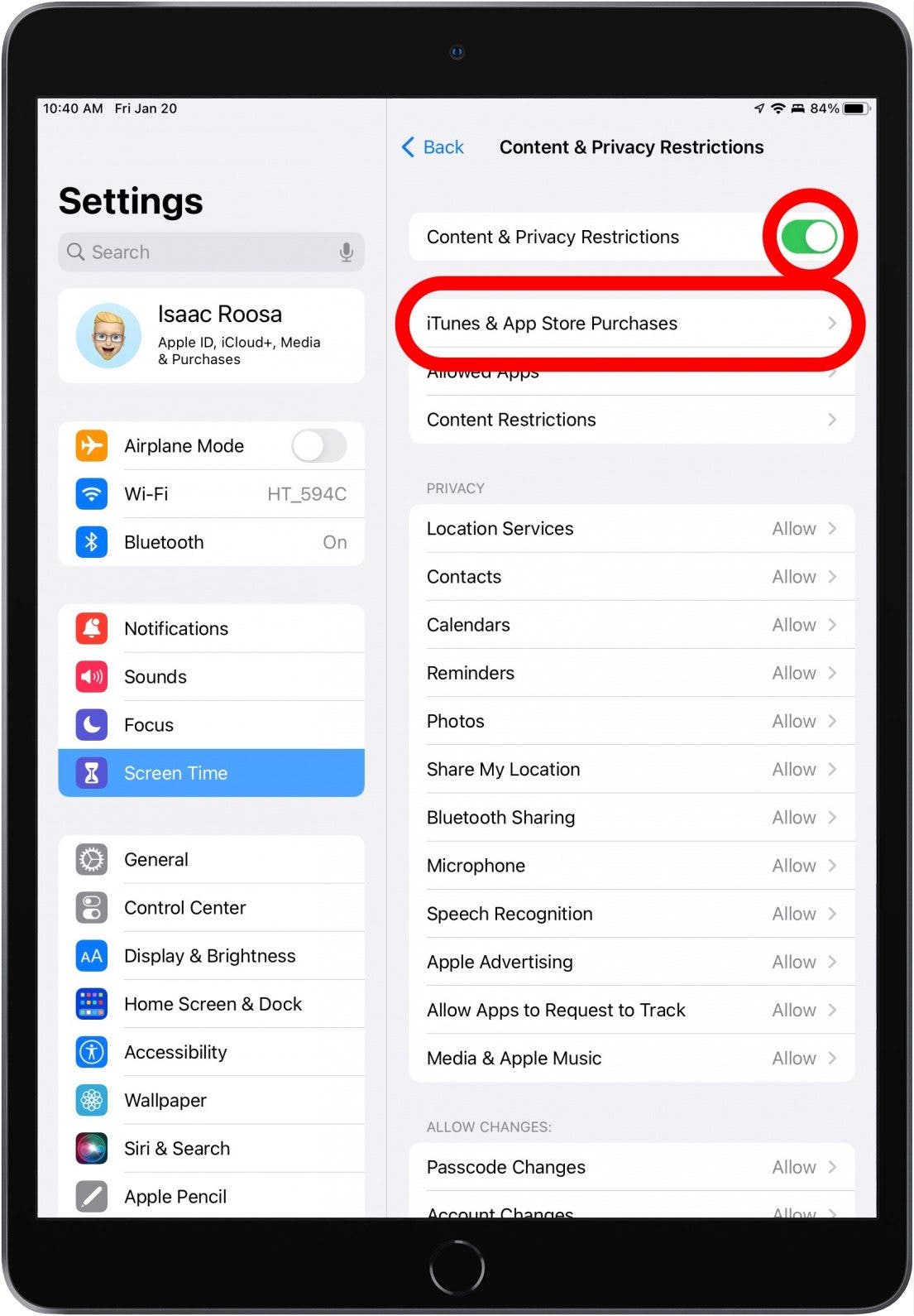 If Content & Privacy Restrictions are toggled on (green), you’ll be able to tap iTunes & App Store Purchases.
