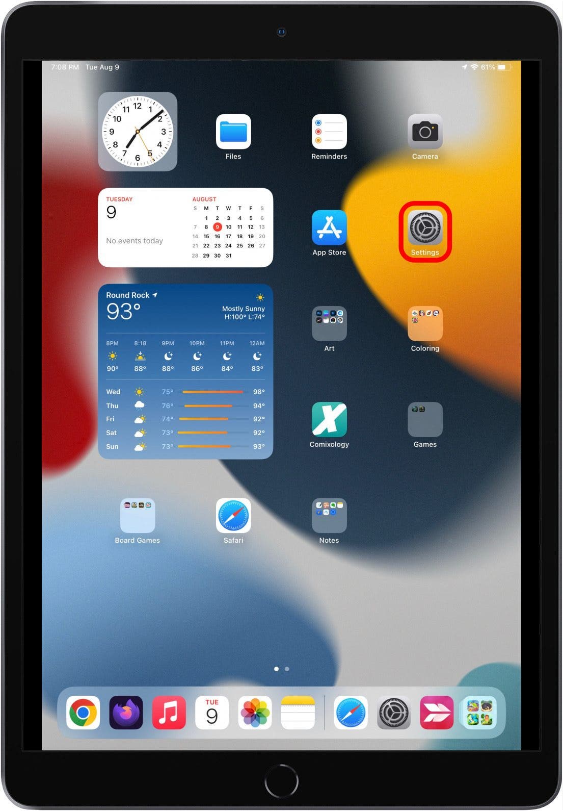 iPad Home screen with the Settings app icon marked.