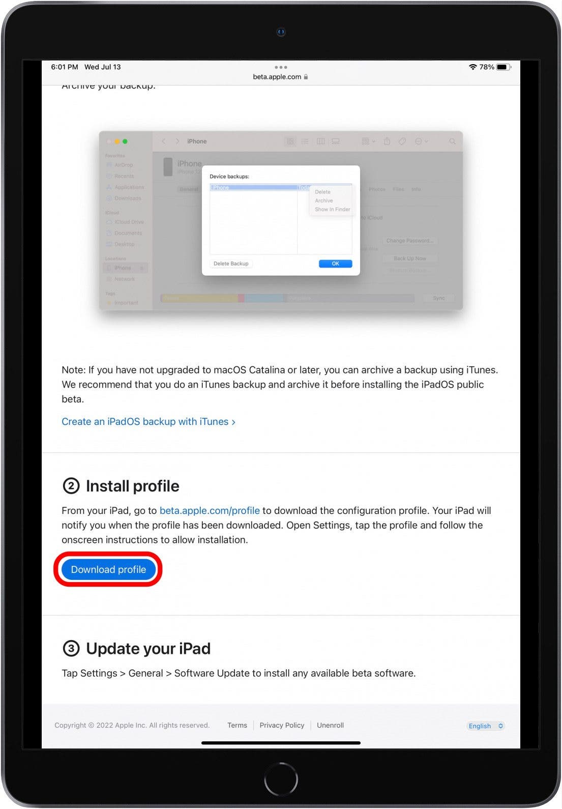 Safari app on iPadOS beta page with button for download profile marked.