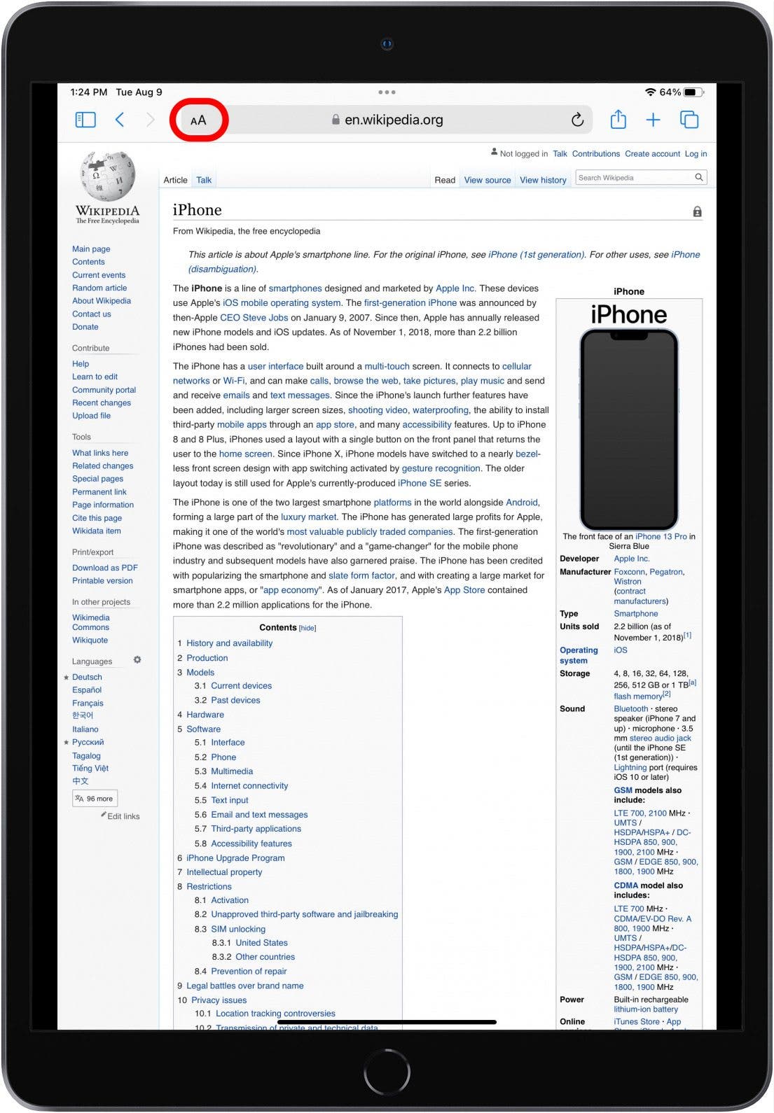 Safari in iPadOS with the AA icon marked.