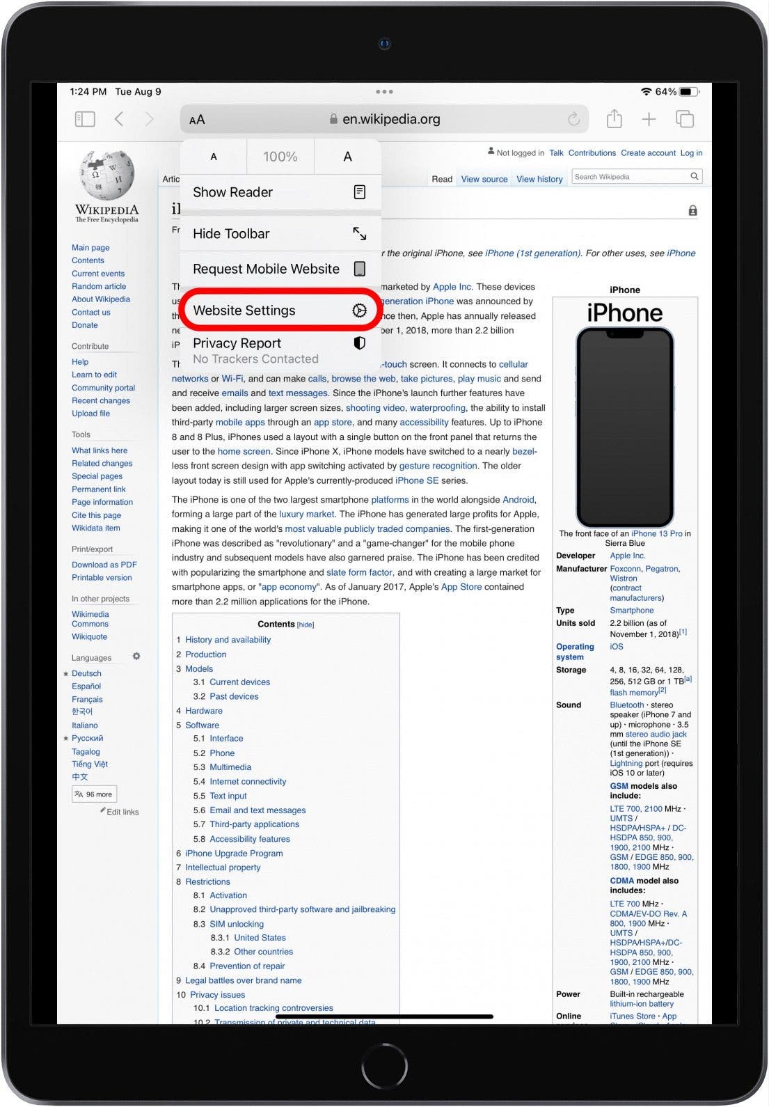 Safari in iPadOS with the AA menu open and the Website Settings option marked.