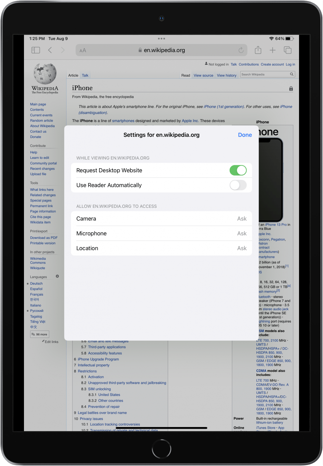 Safari in iPadOS with the Website Settings menu open.