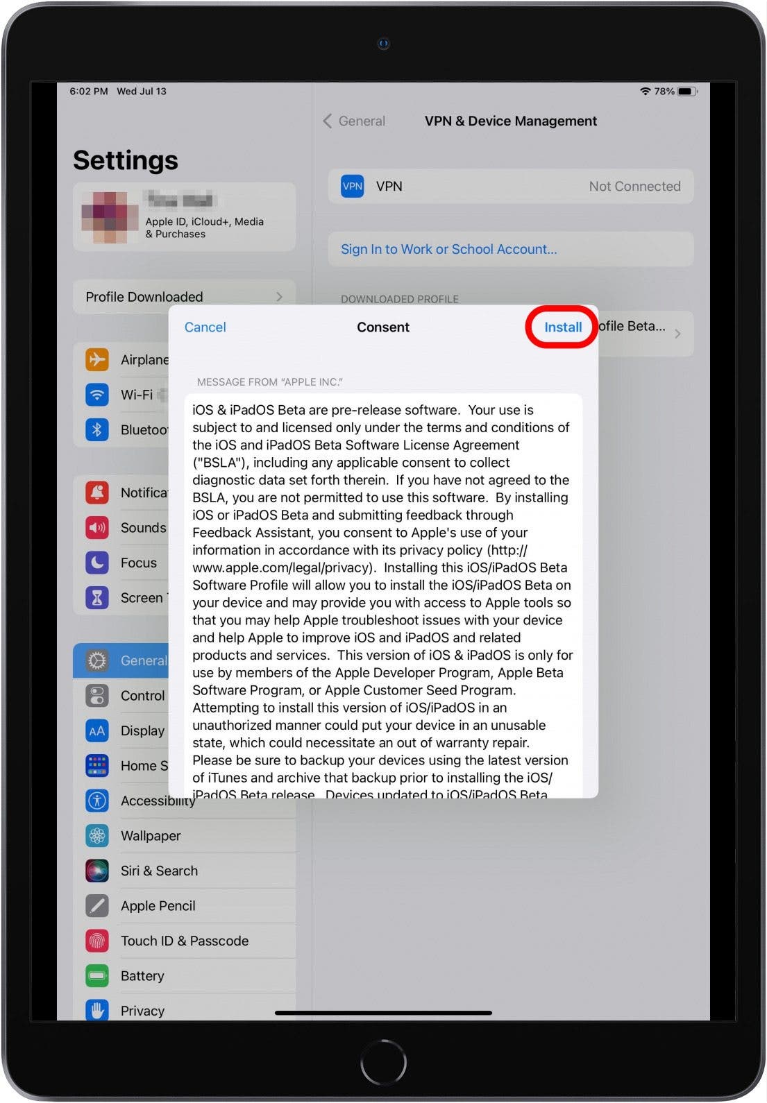 Settings app with Install Profile Consent message open and Install button marked.