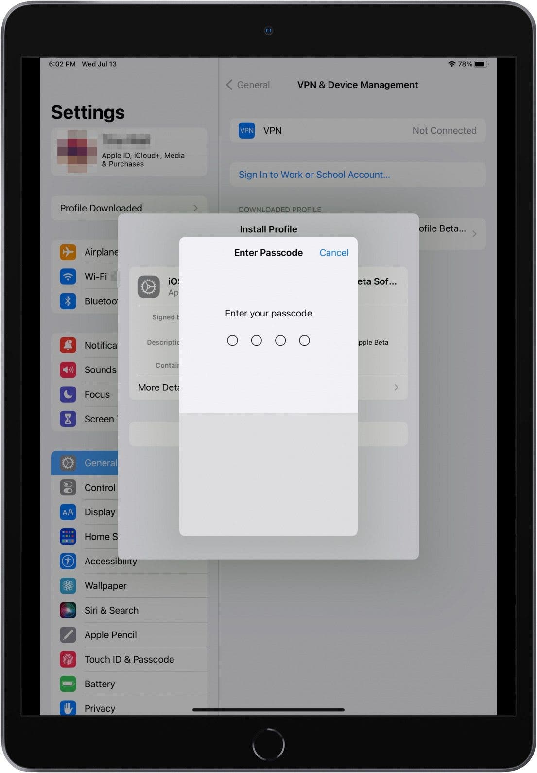 Settings app with Install Profile window open and Enter Passcode window open on top of that.