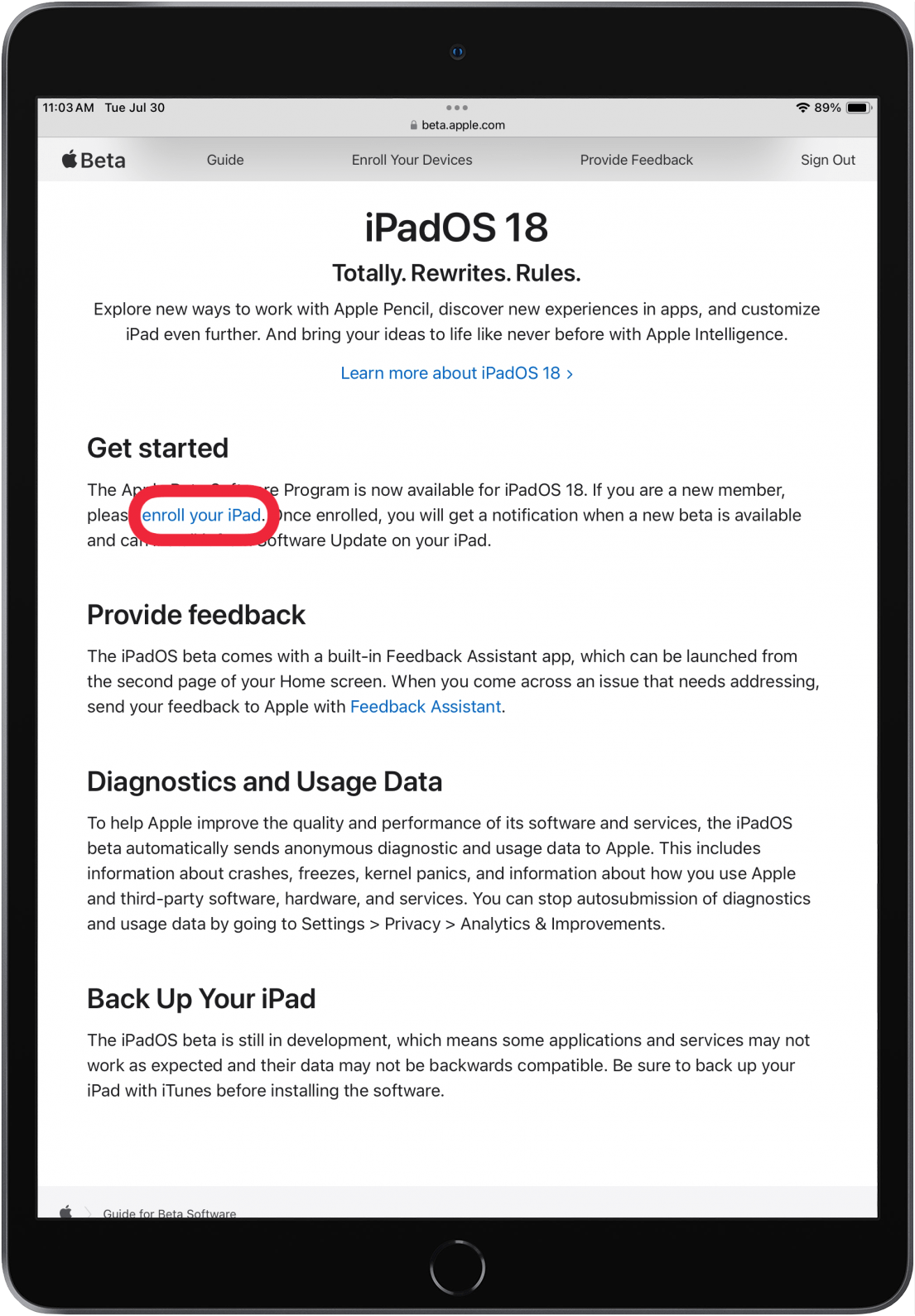 tap enroll your ipad to enroll ipad in apple beta program