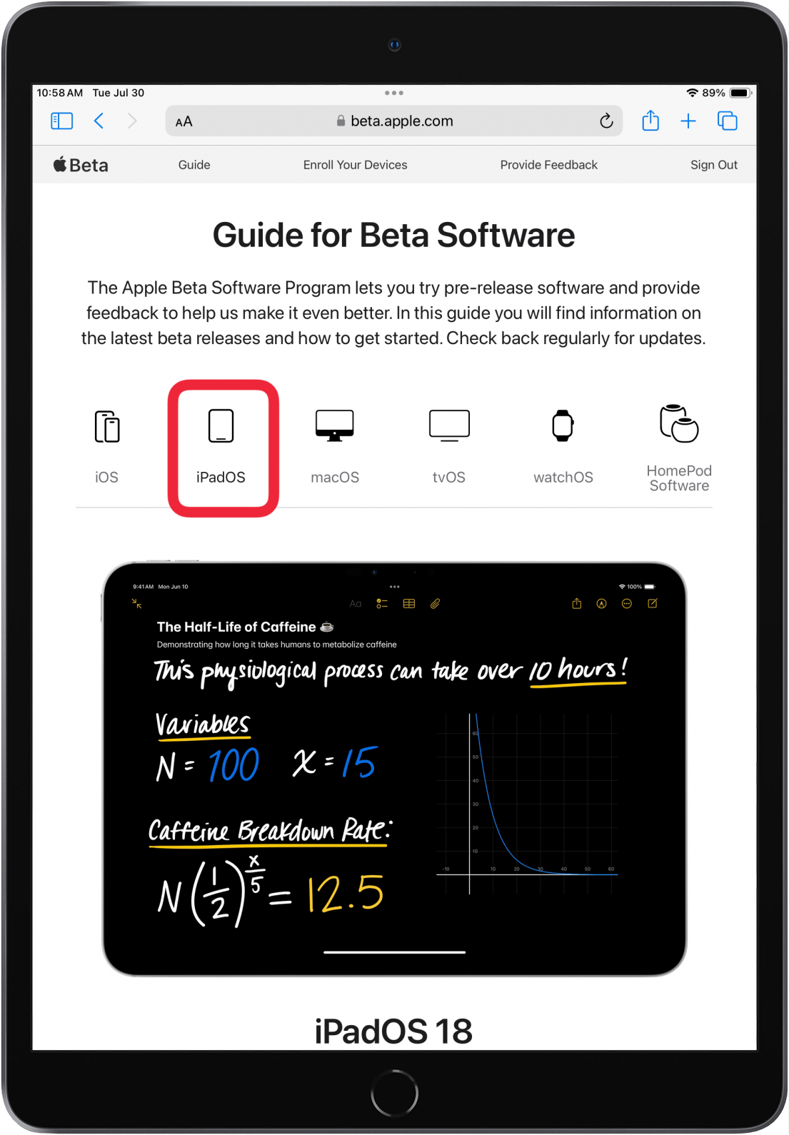 tap ipados in guide for beta software