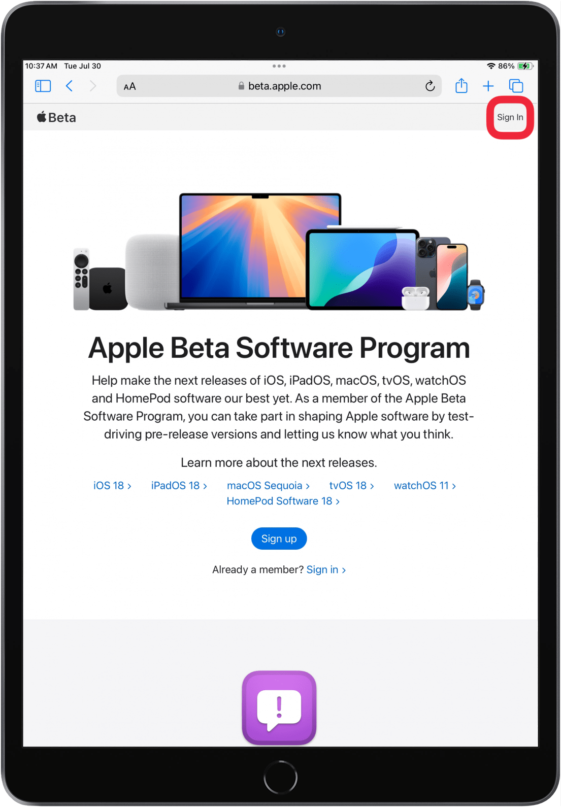 tap sign in to sign in top ipados beta program