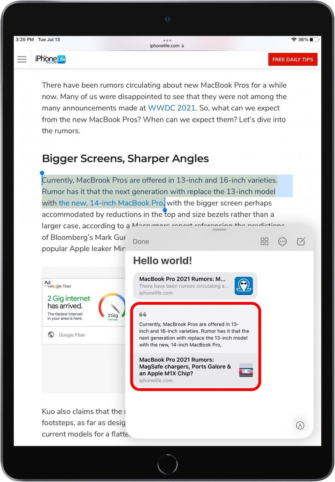 text with link in Quick Note