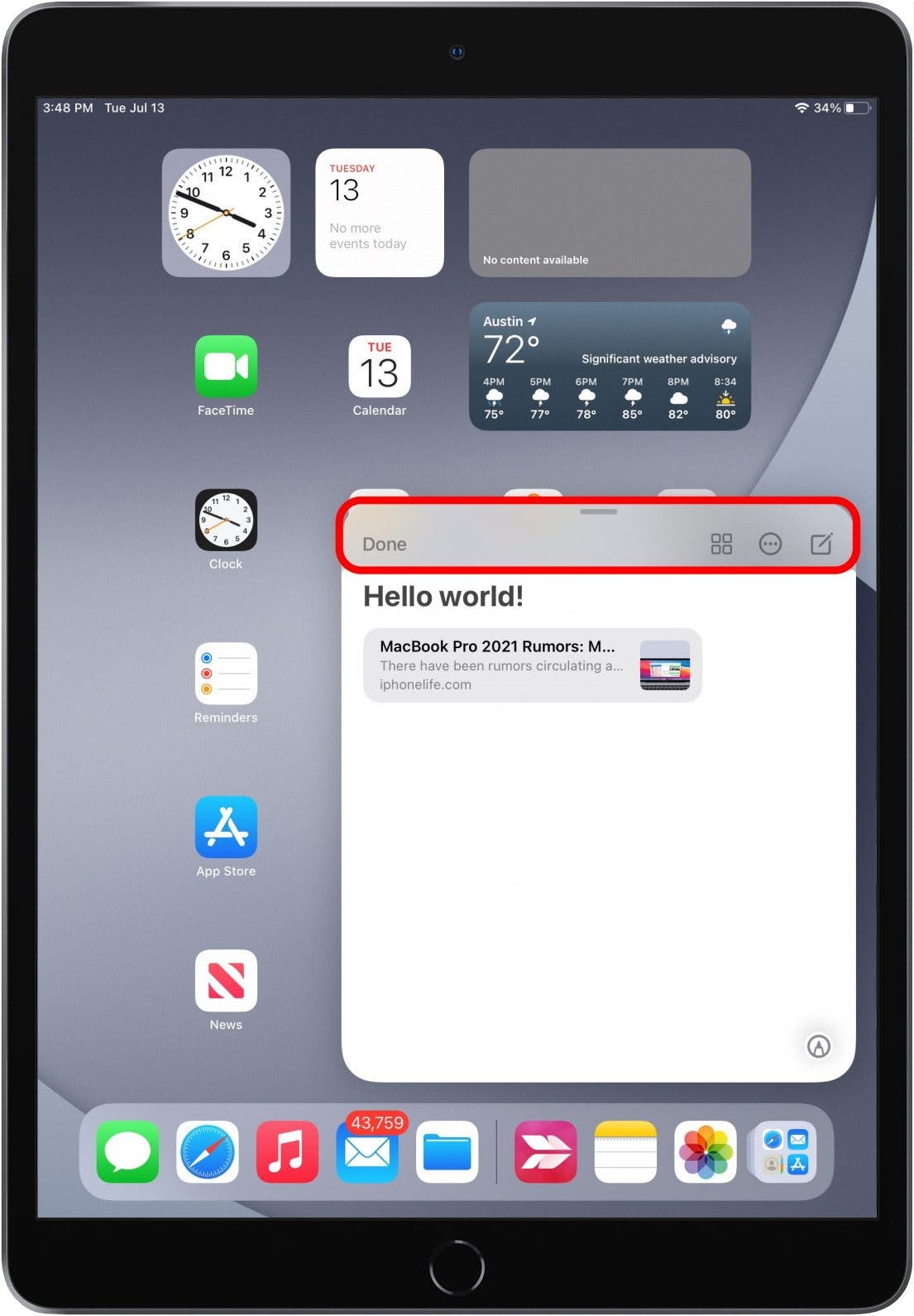 Tap Quick Note top bar