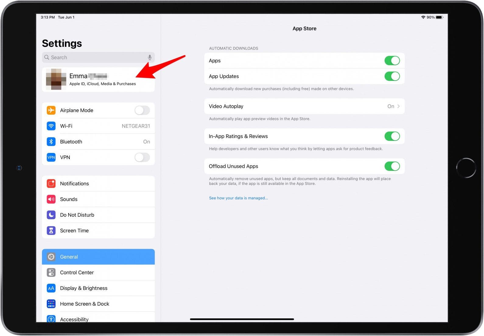 Tap your Apple ID profile to back up to sell iPad