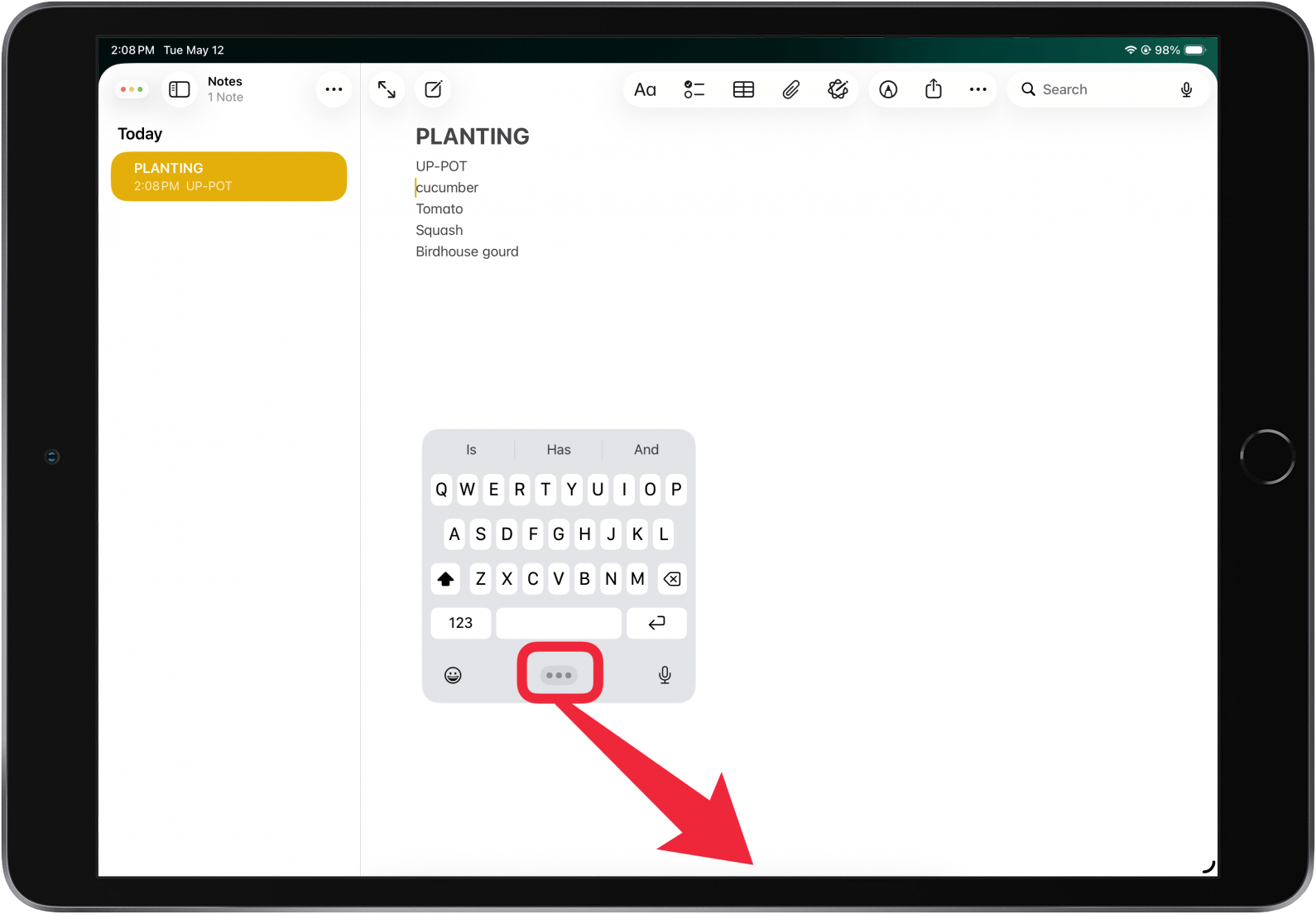 drag from three dots to bottom of screen