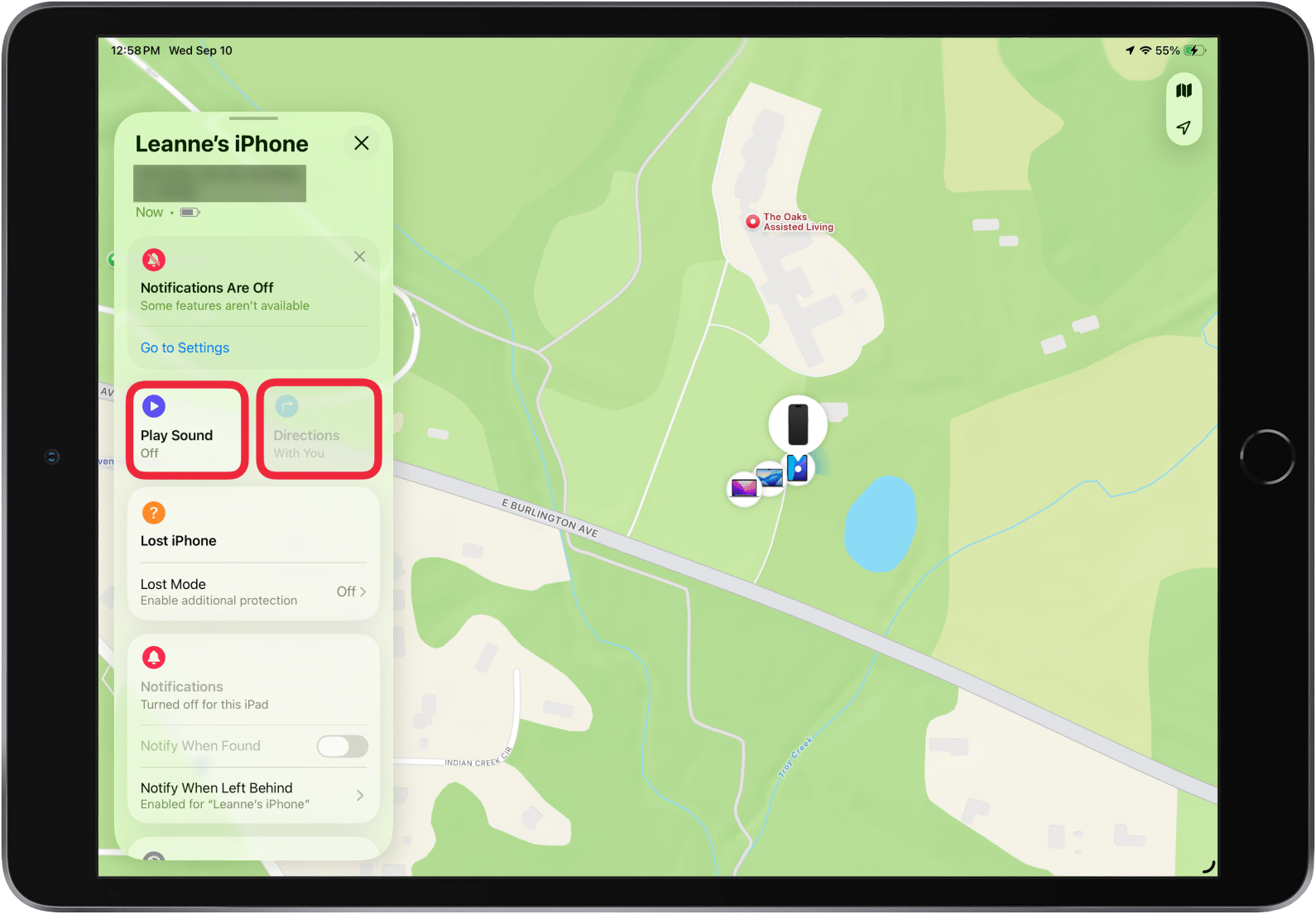 a screenshot of the find my app on ipad displaying device details with red boxes around play sound and directions