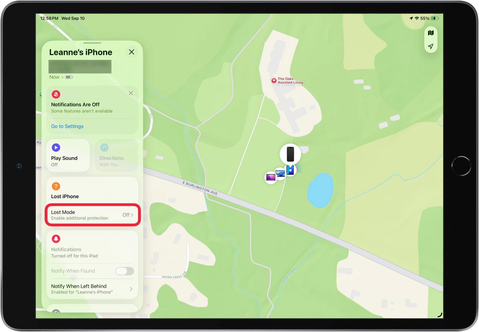 a screenshot of the find my app on ipad displaying device details with a red box around lost iphone