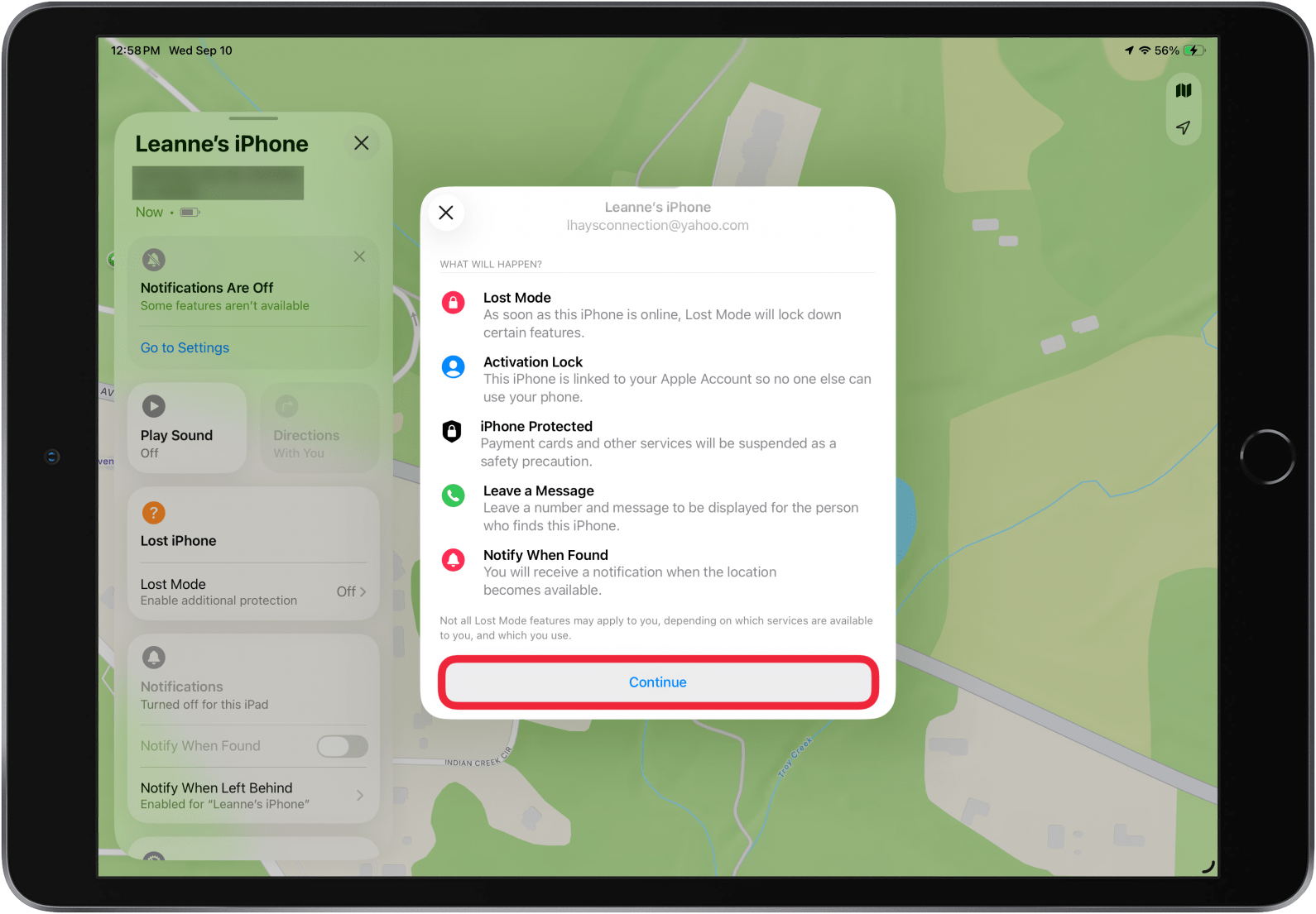a screenshot of the find my app on ipad displaying device details and a window asking for the user to confirm putting the device in lost mode with a red box around continue