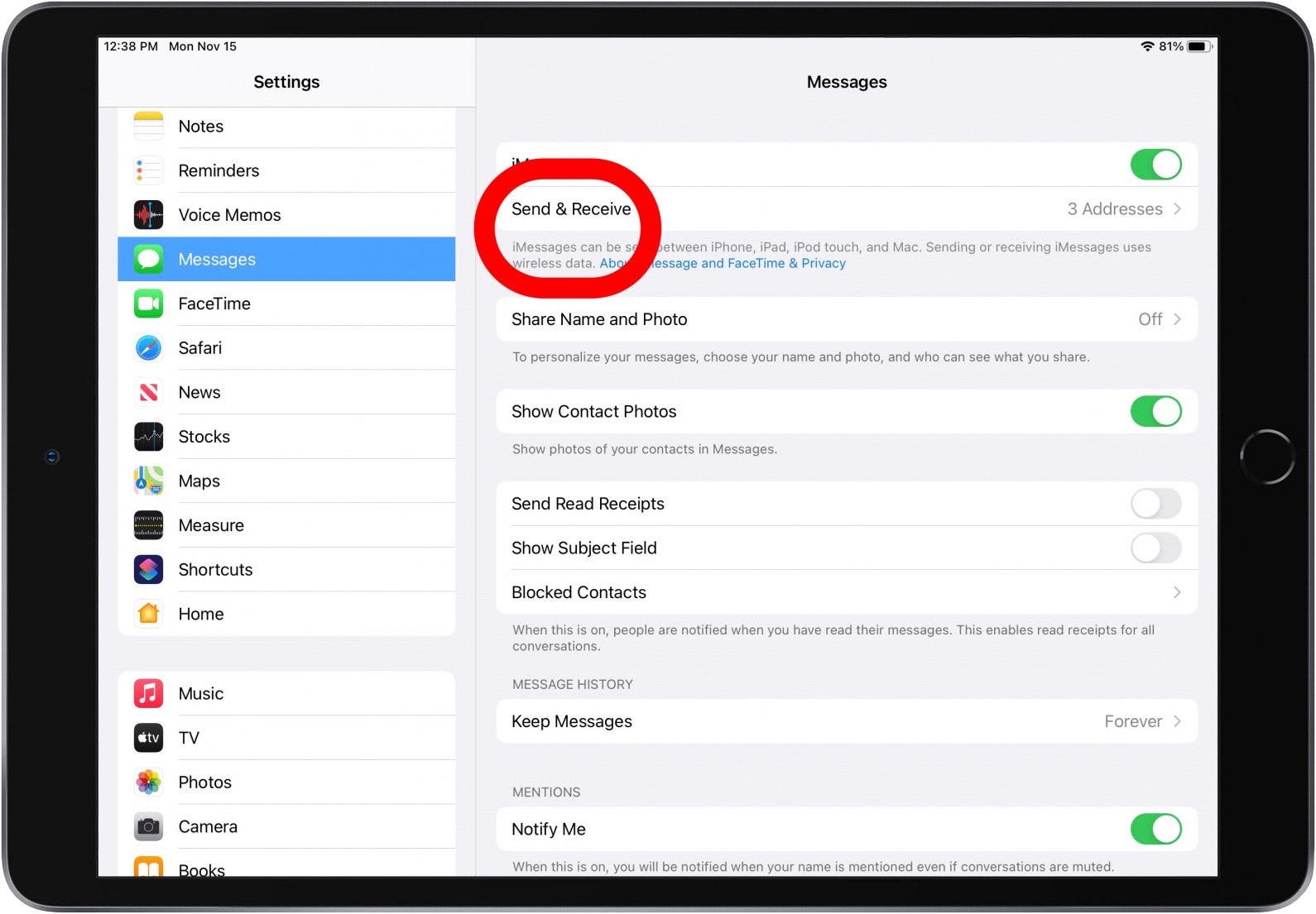 send and receive ipad settings