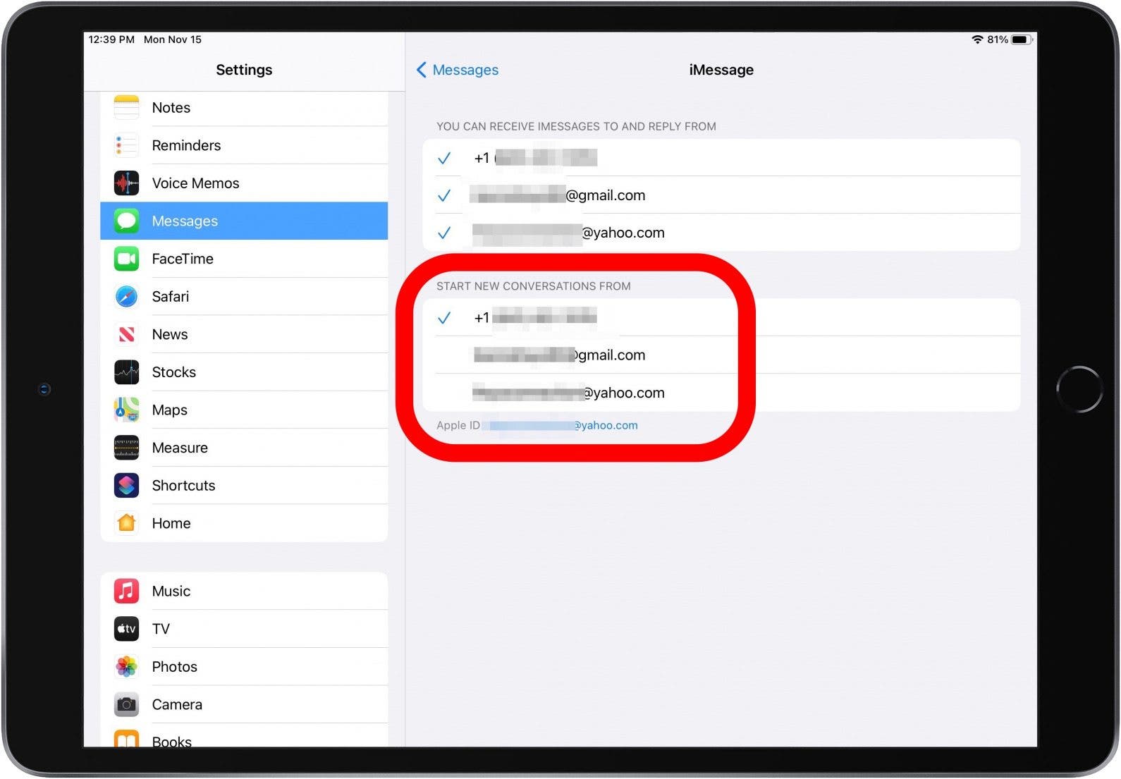 sync messages to ipad settings