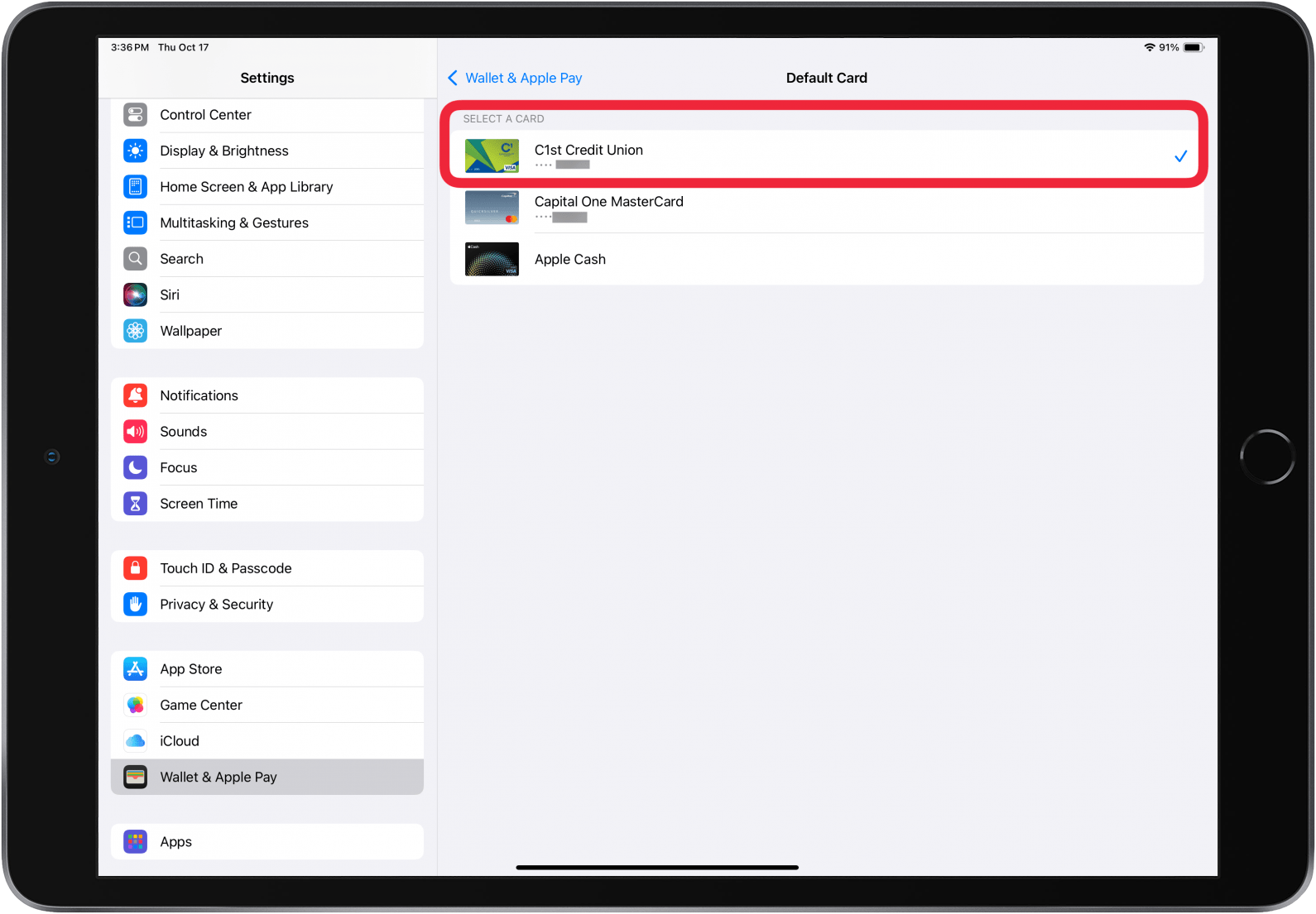 tap card to change default card apple pay on ipad