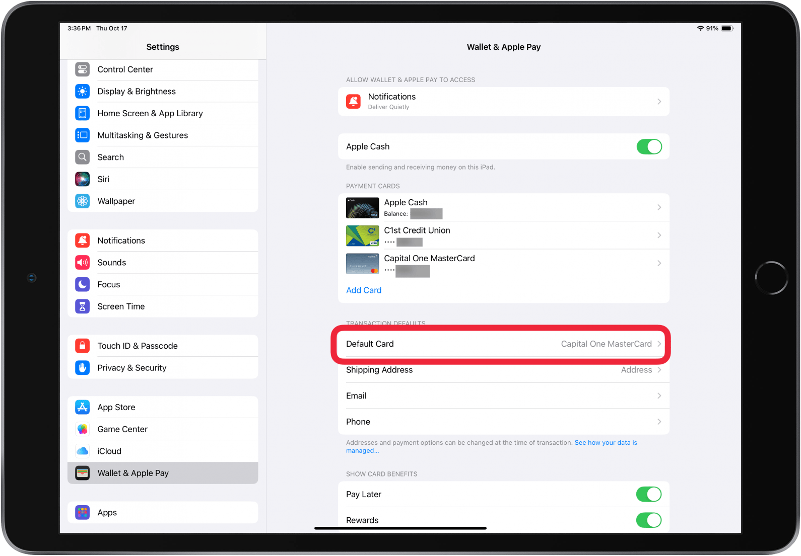 tap default card in wallet and apple pay settings