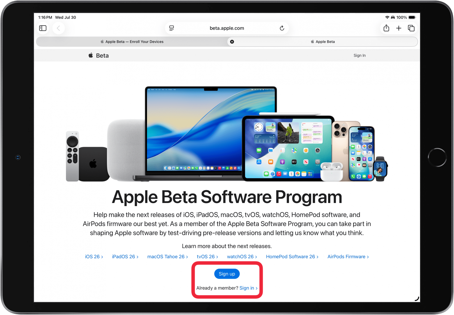 tap sign up or sign in to beta program