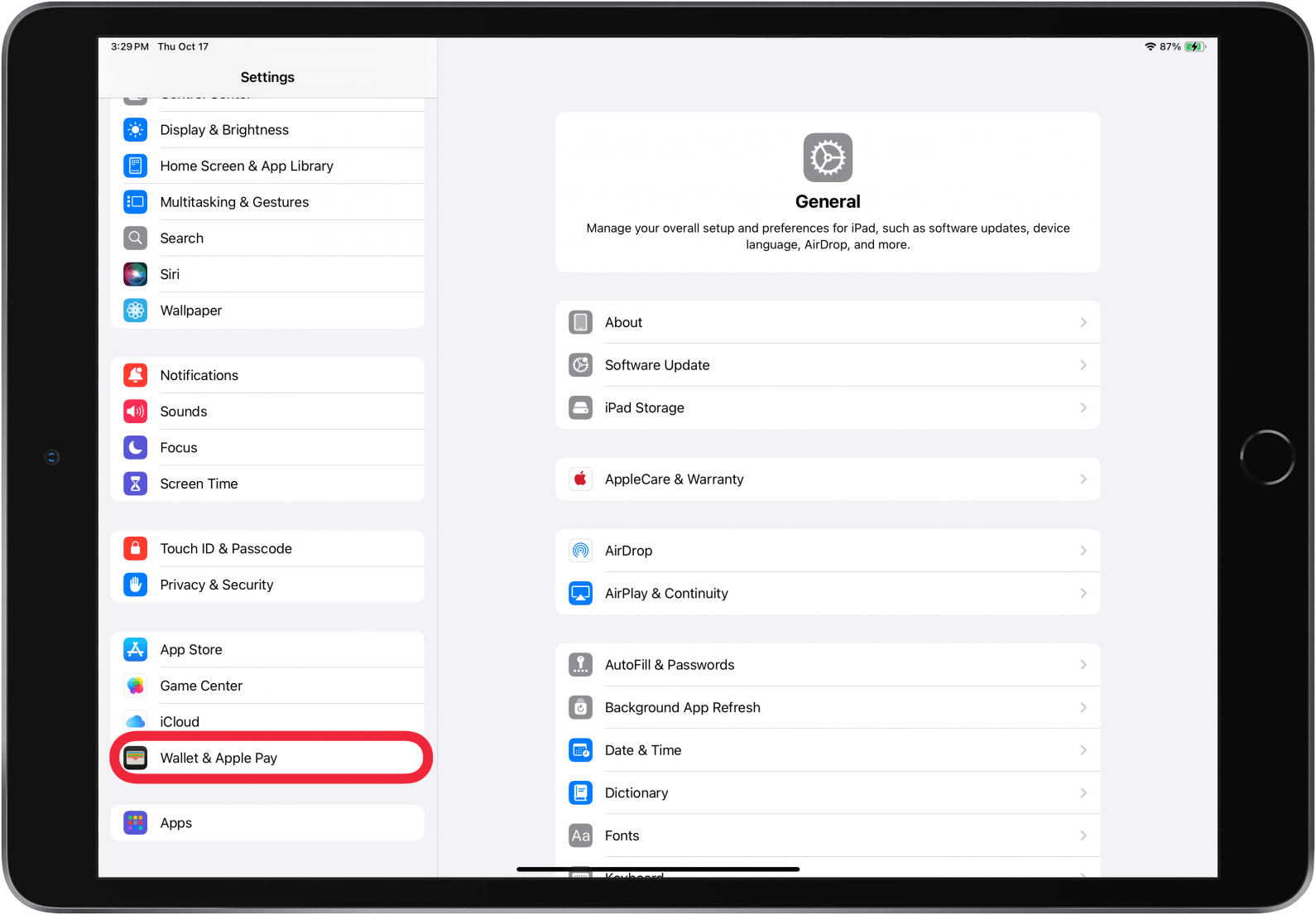 tap wallet and apple pay in ipad settings