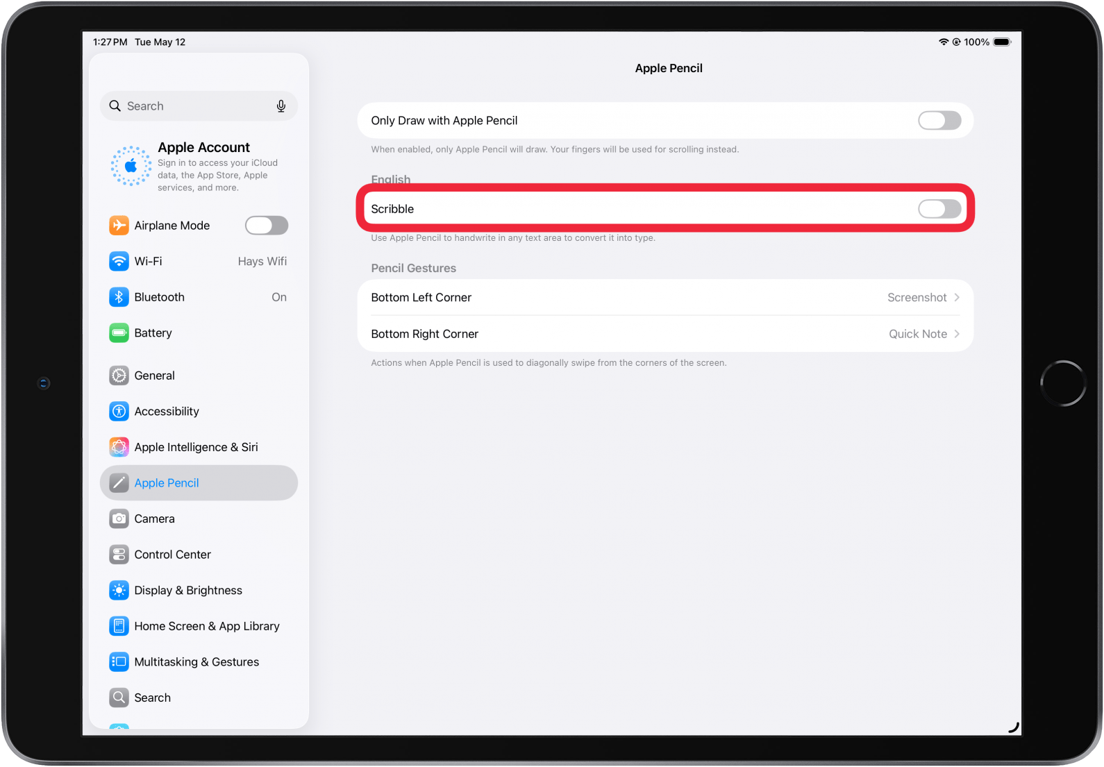 toggle off scribble in apple pencil settings