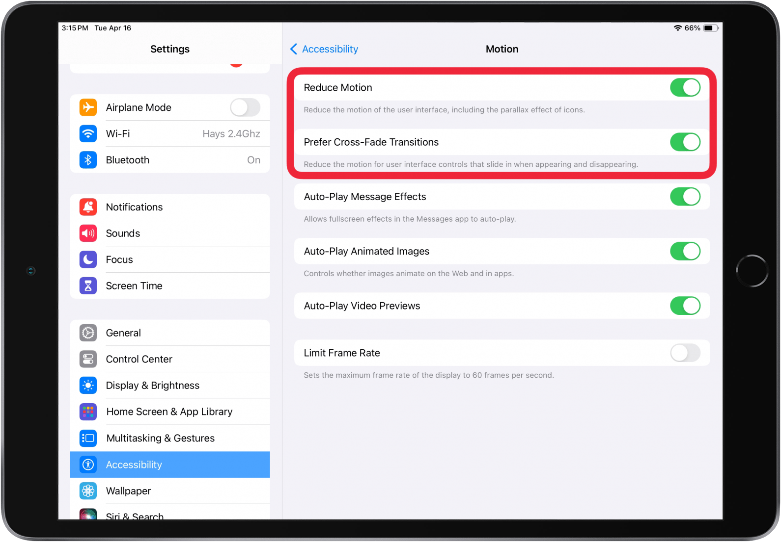 toggle on reduce motion and prefer cross fade transitions to speed up older ipad