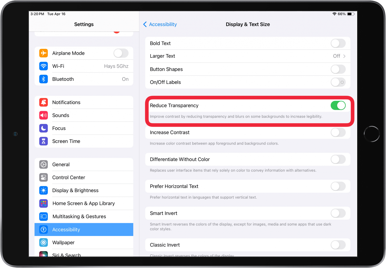 toggle on reduce transparency to speed up ipad