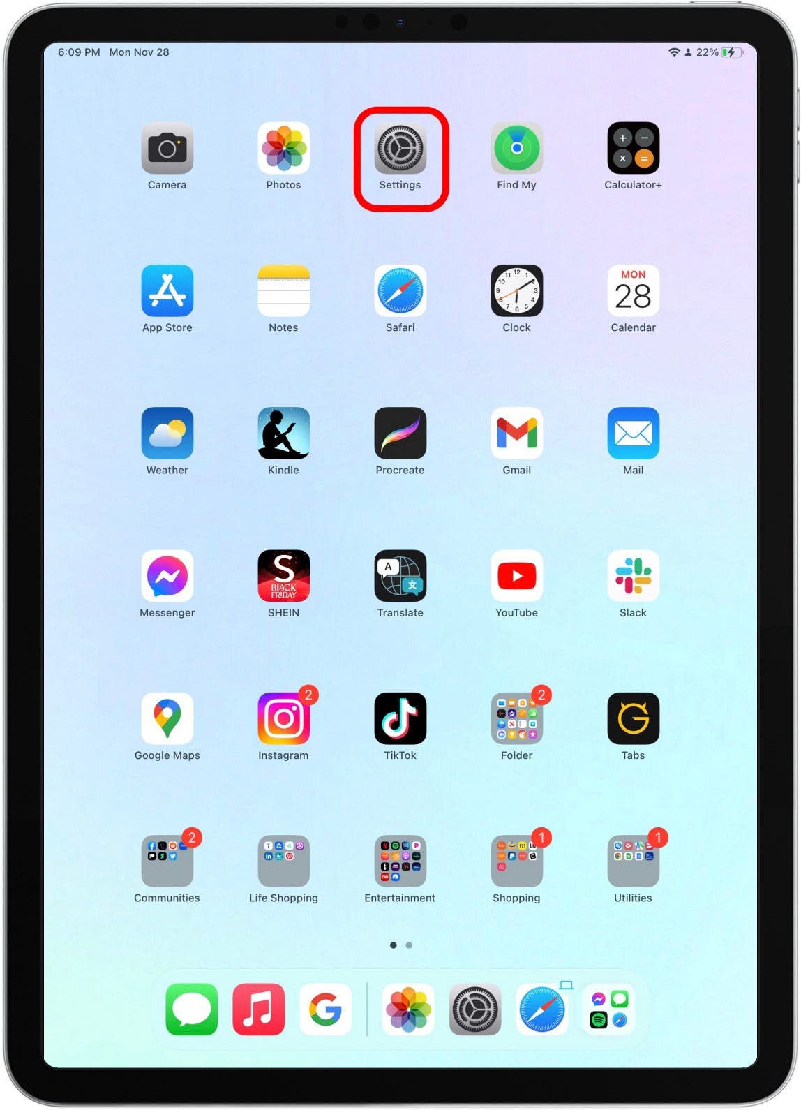 On your iPad, go to Settings.