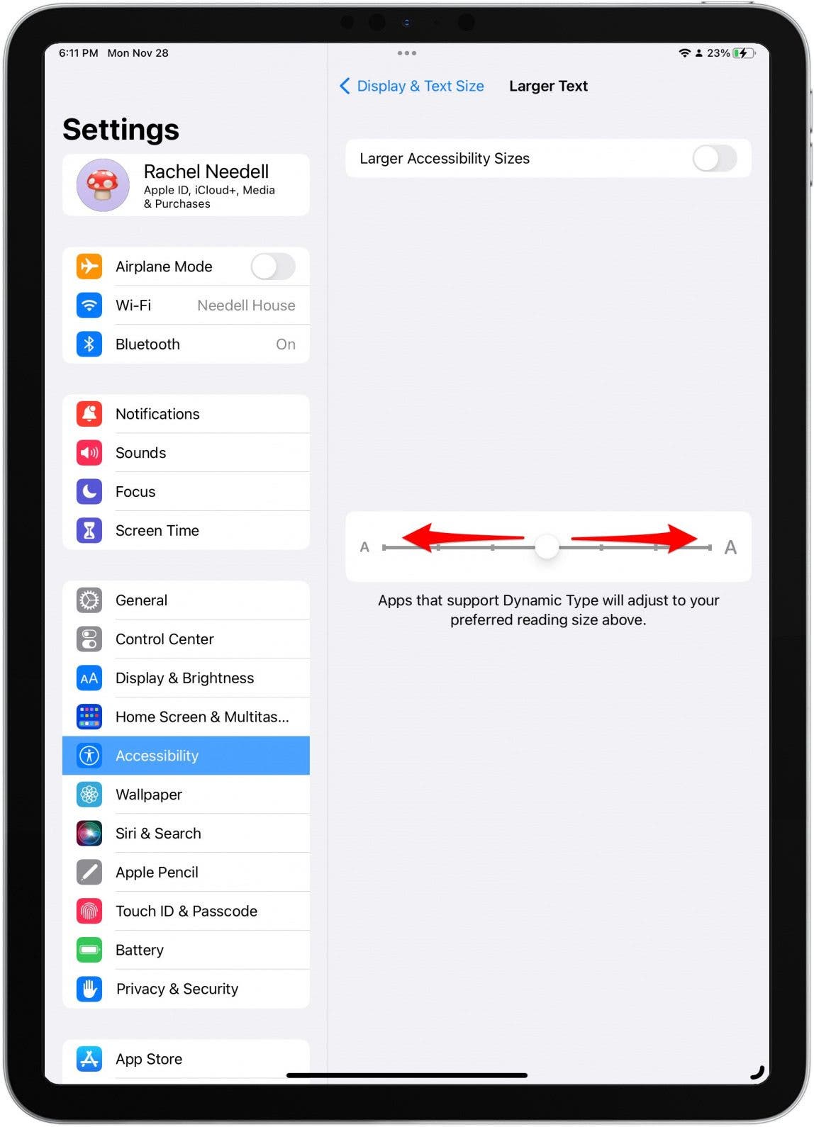 From here, you can slide the scale to the right to increase text size or left to decrease the text size.