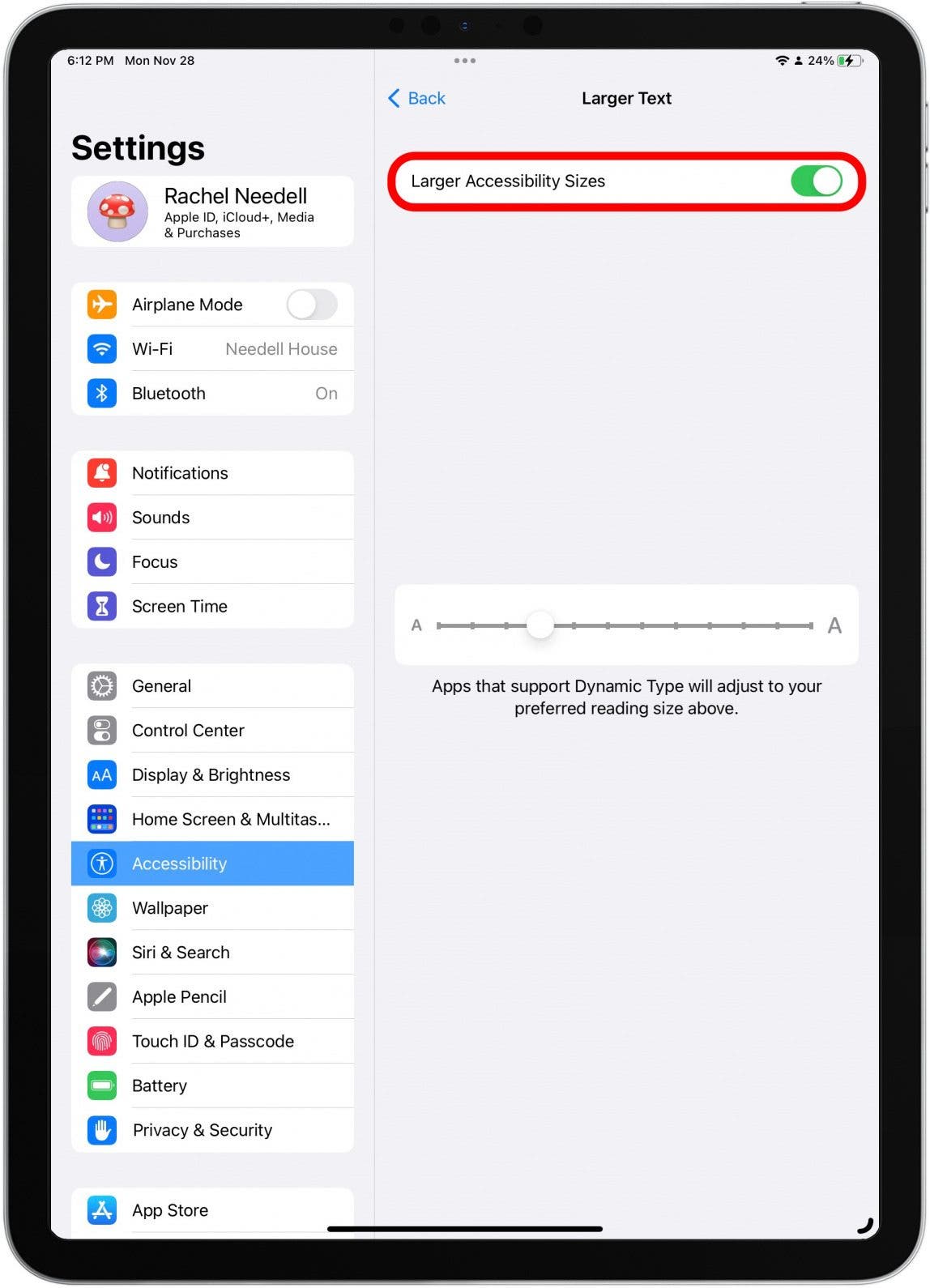 For even more size options, tap Larger Accessibility Sizes. It will be green when enabled. 