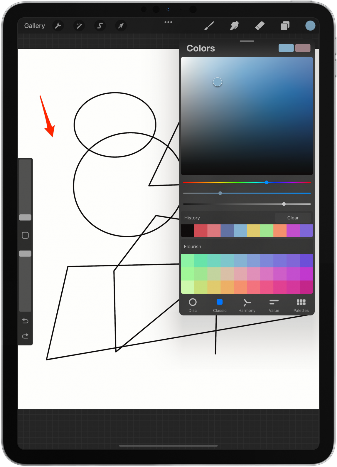 Tap the color icon to select a color, then tap the canvas again.