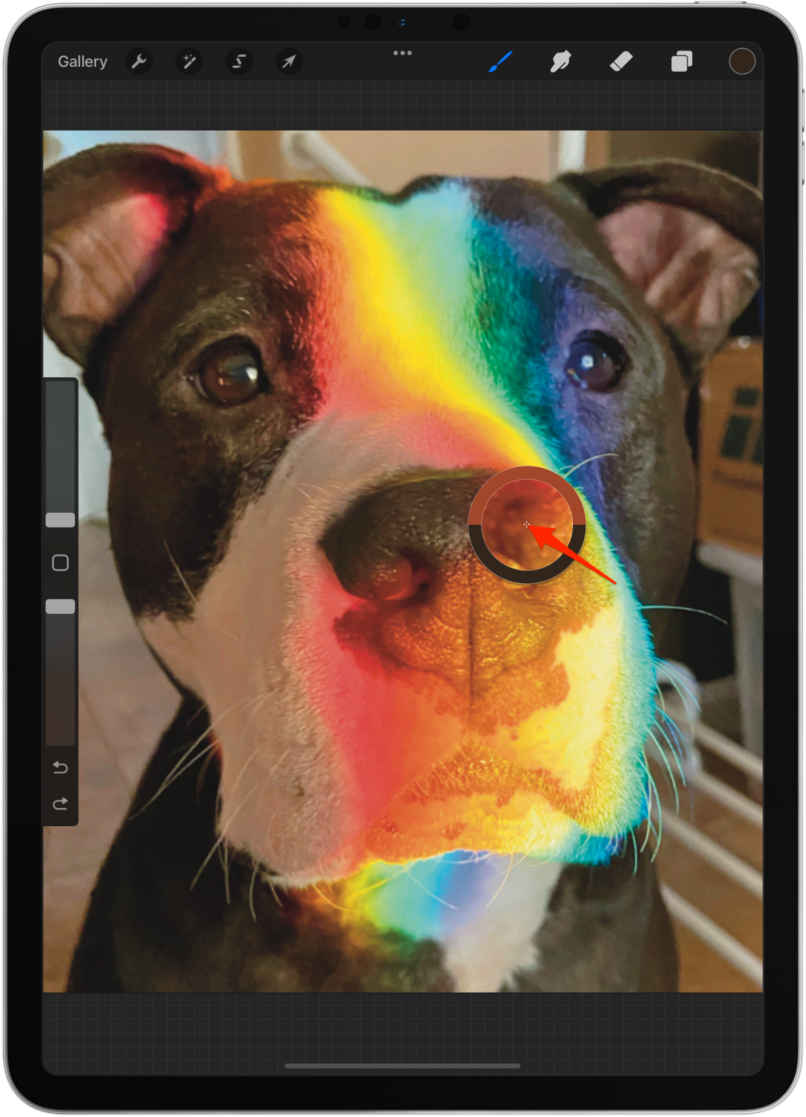Another way to select a color is to make sure your brush is selected, then use your finger to tap and hold anywhere on the image.